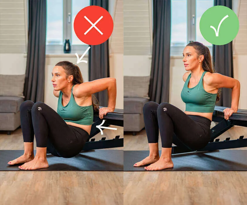 Tricep Dips an der Hantelbank sorgen für definierte Oberarmmuskeln.